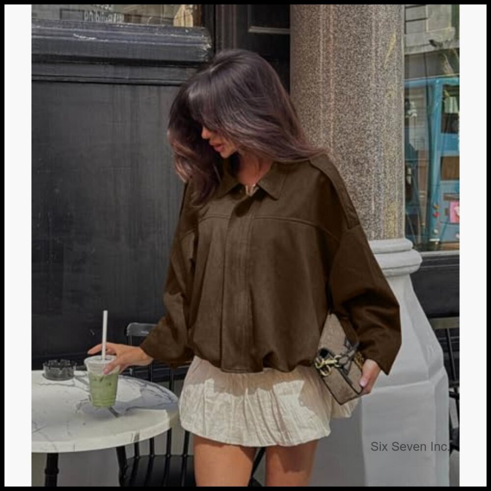 Faux Suede Bomber Jacket Oversized Cropped Pilot Coat - Picture 2 of 7